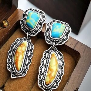 Bohemian Blue and Cream Drop Earrings